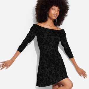 Long Sleeve Flocked Mini Fit and Flare Black Dress, Black